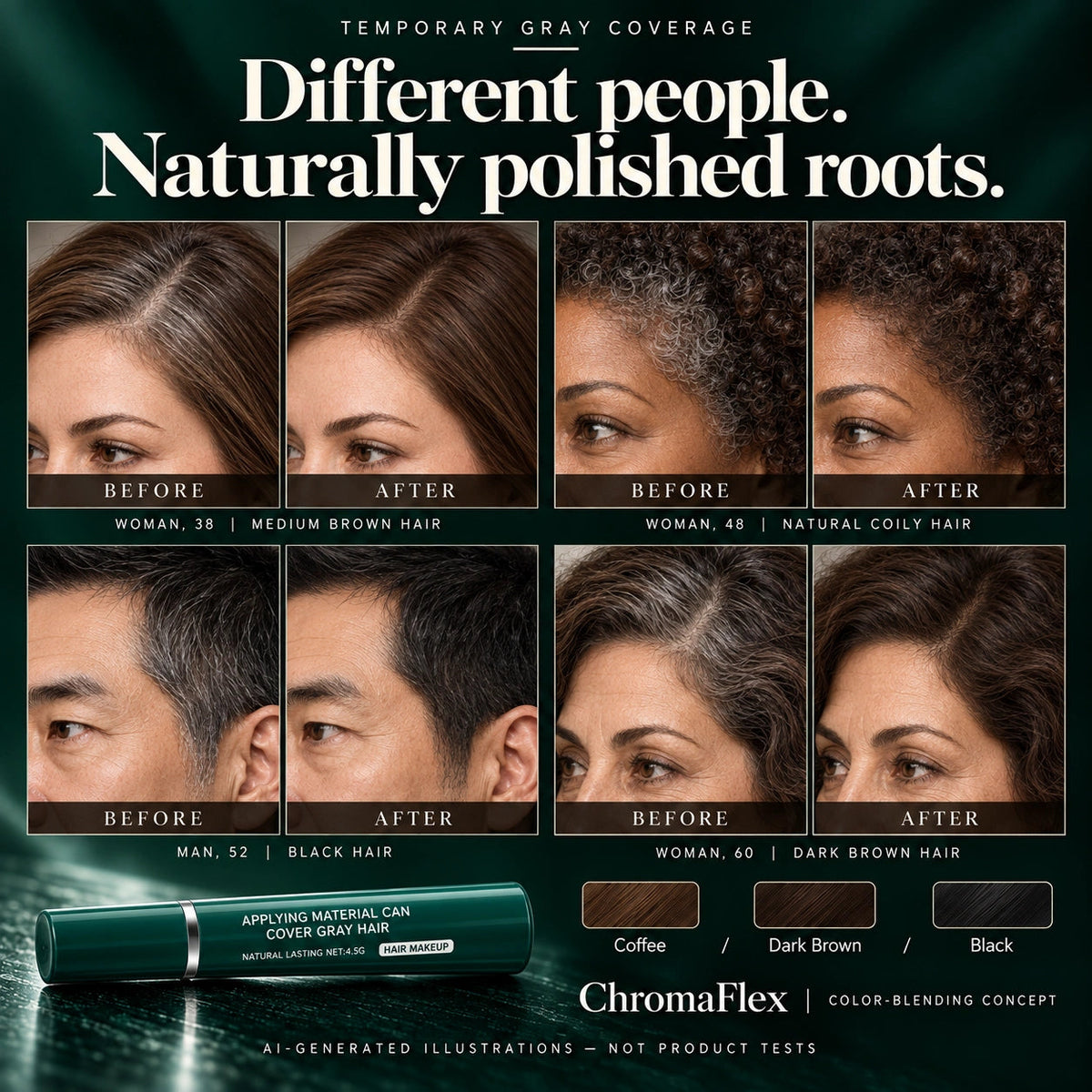 Gray coverage illustrations for different hair types