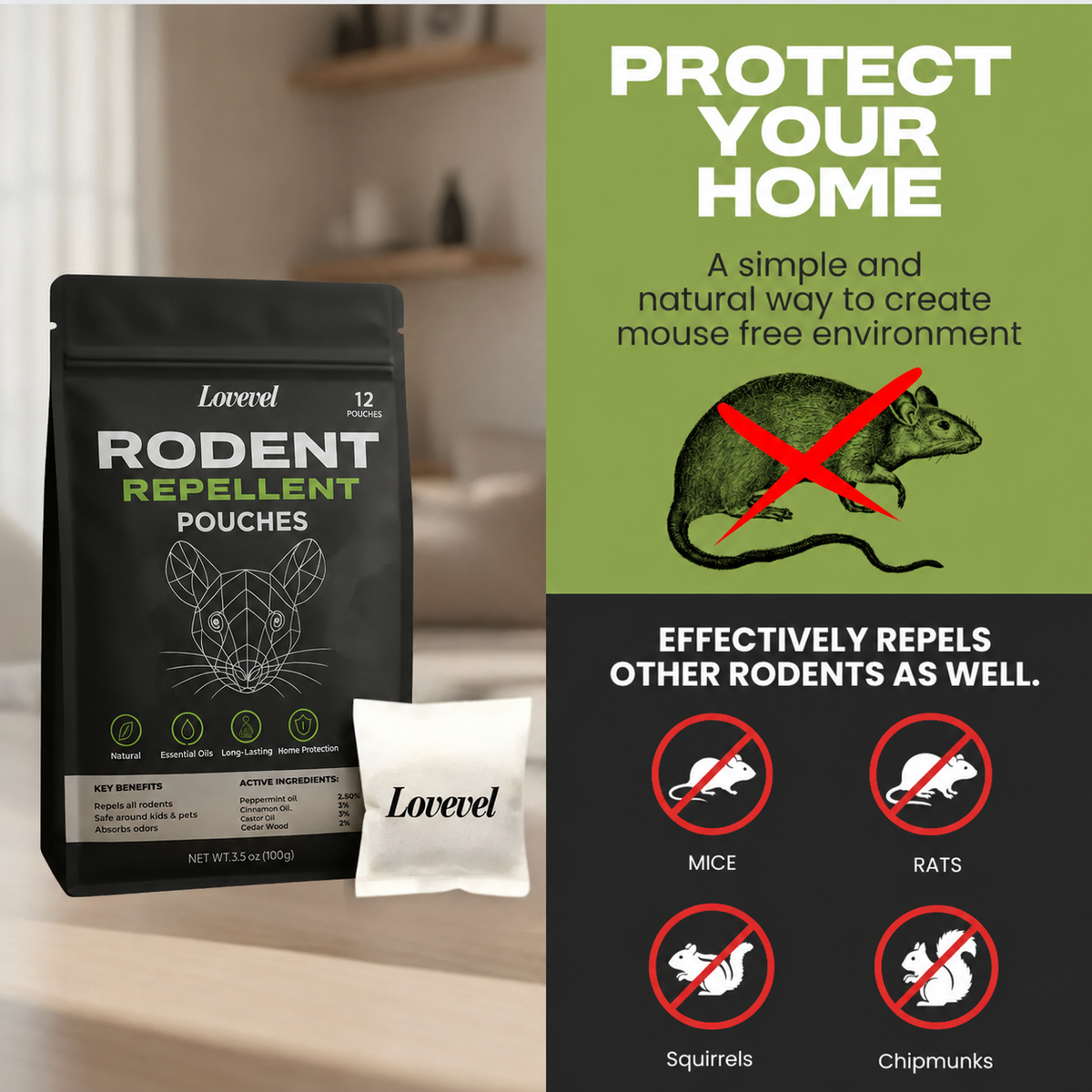 LOVEVEL Mouse Repellent Pouches — 12 × 16g