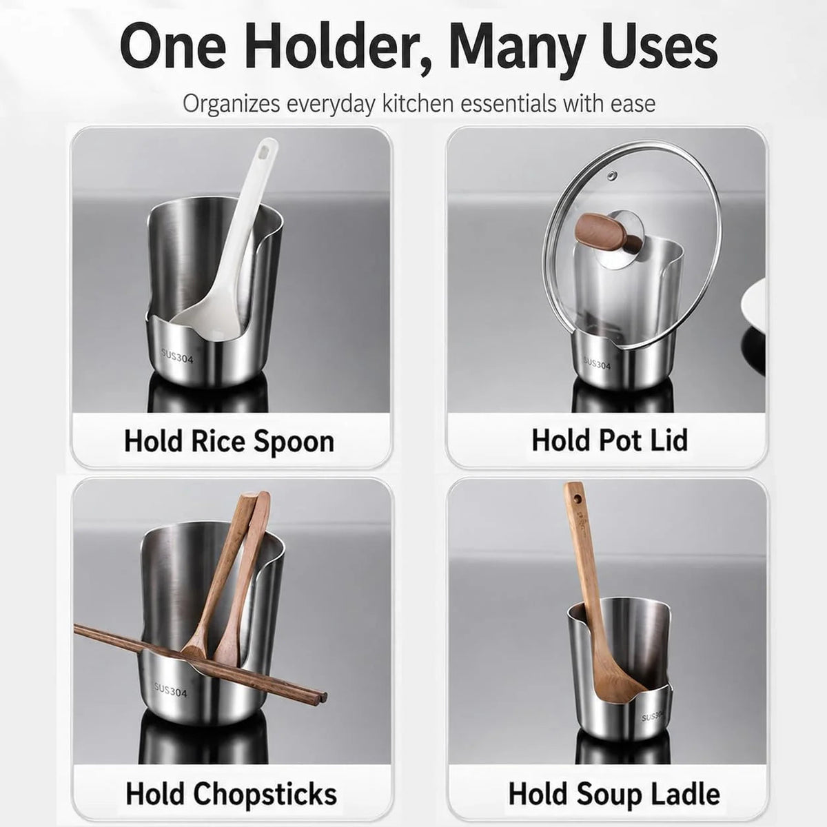 304 Stainless Steel Countertop Utensil Holder & Multi-Purpose Cutting Board Stand