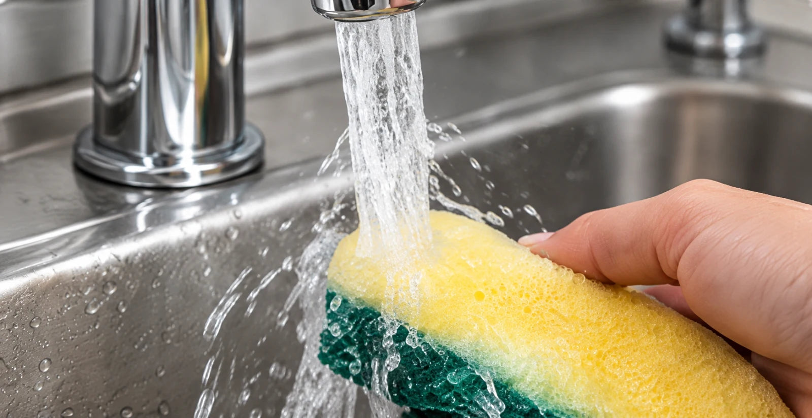 Rinsing a sponge under running water