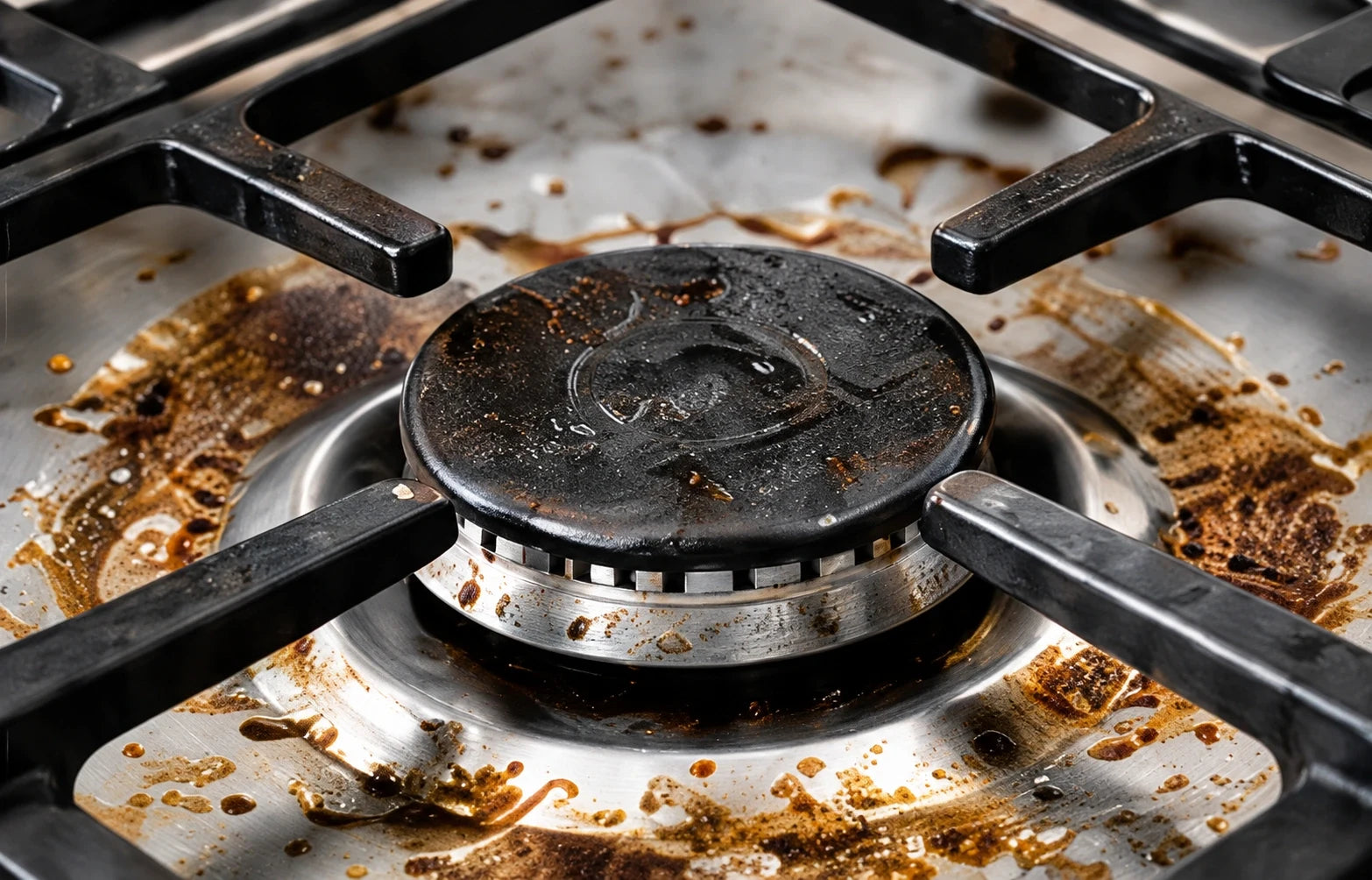 Burnt-on grease around a stove burner