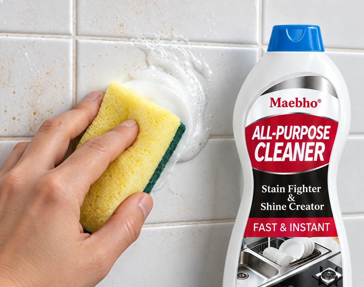 Sponge applying cream to tile beside the product bottle