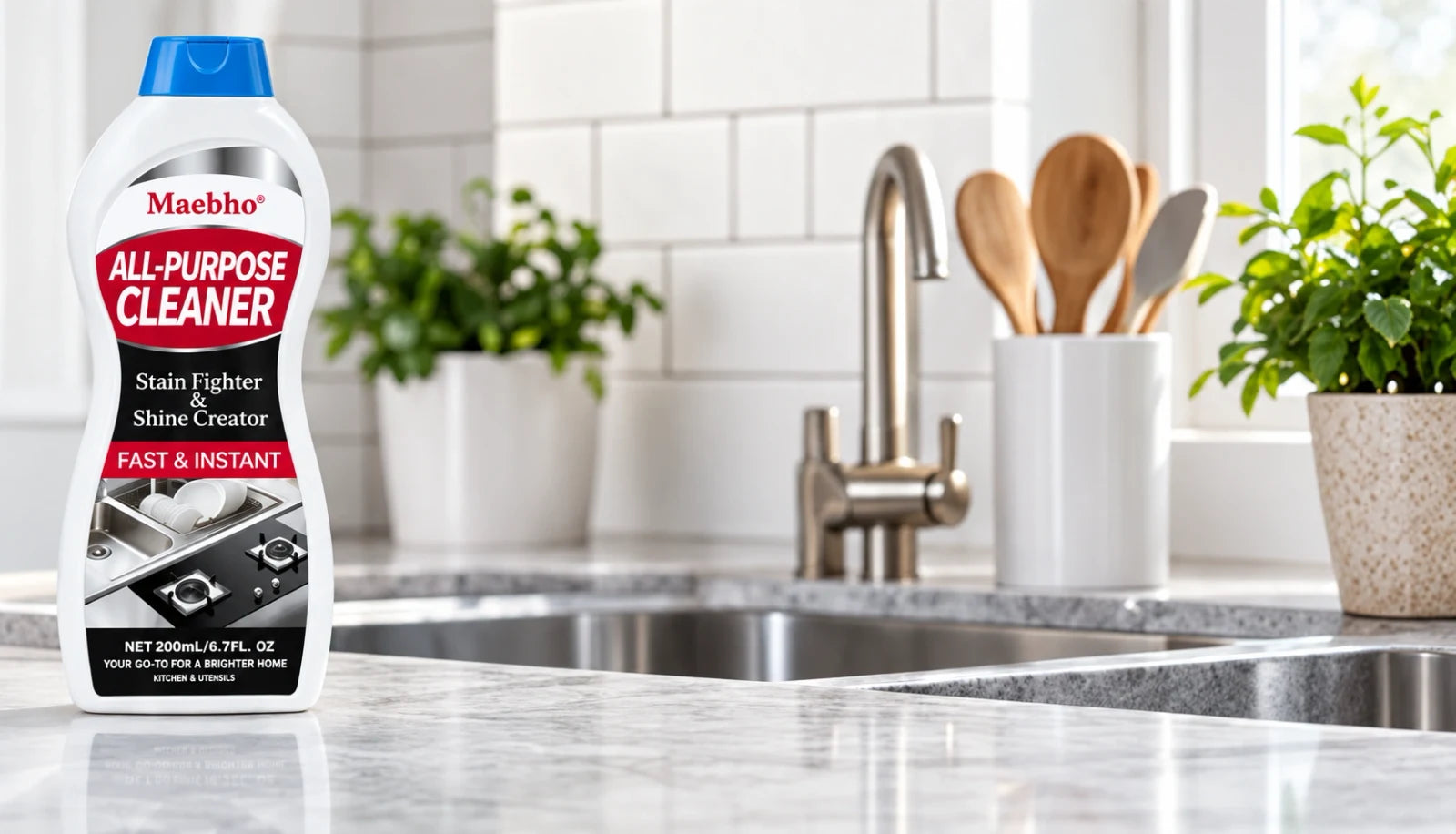 Maebho cleaning cream beside a sink in a bright kitchen