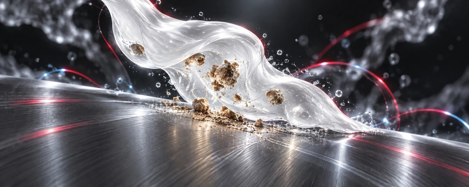Concept illustration of a pearl-white cleaning fluid interacting with golden residue on a metal surface