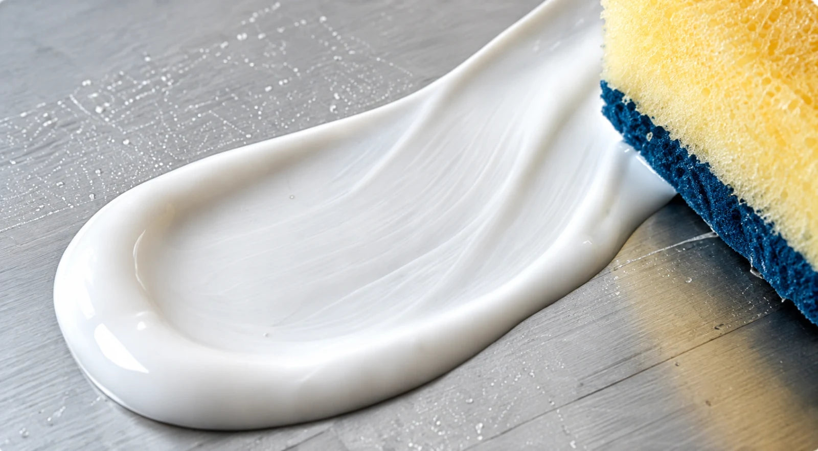Cleaning cream and a sponge on steel