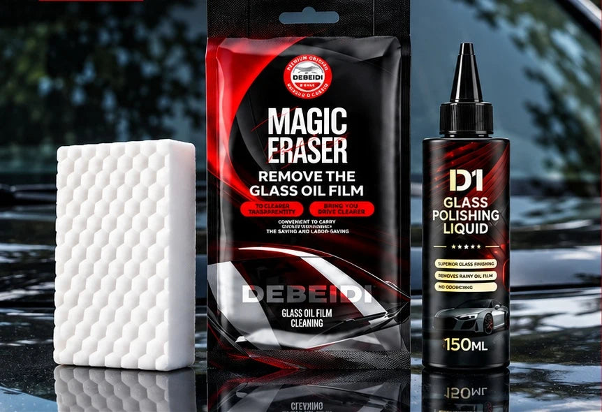 Glass cleaning kit on a car bonnet