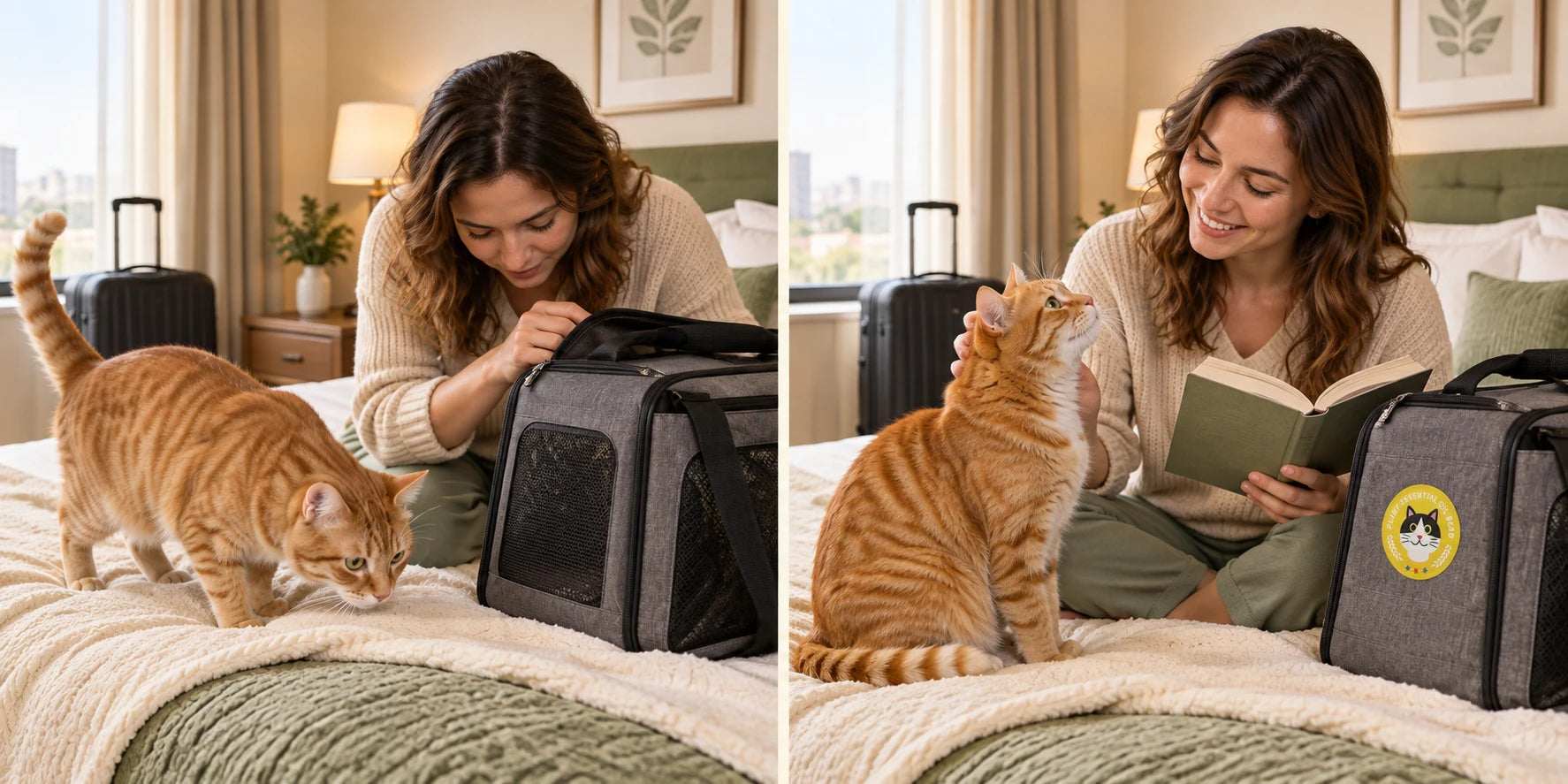Illustrated cat · overnight stays scenario: no patch on the left; patch on travel gear on the right, with different natural poses