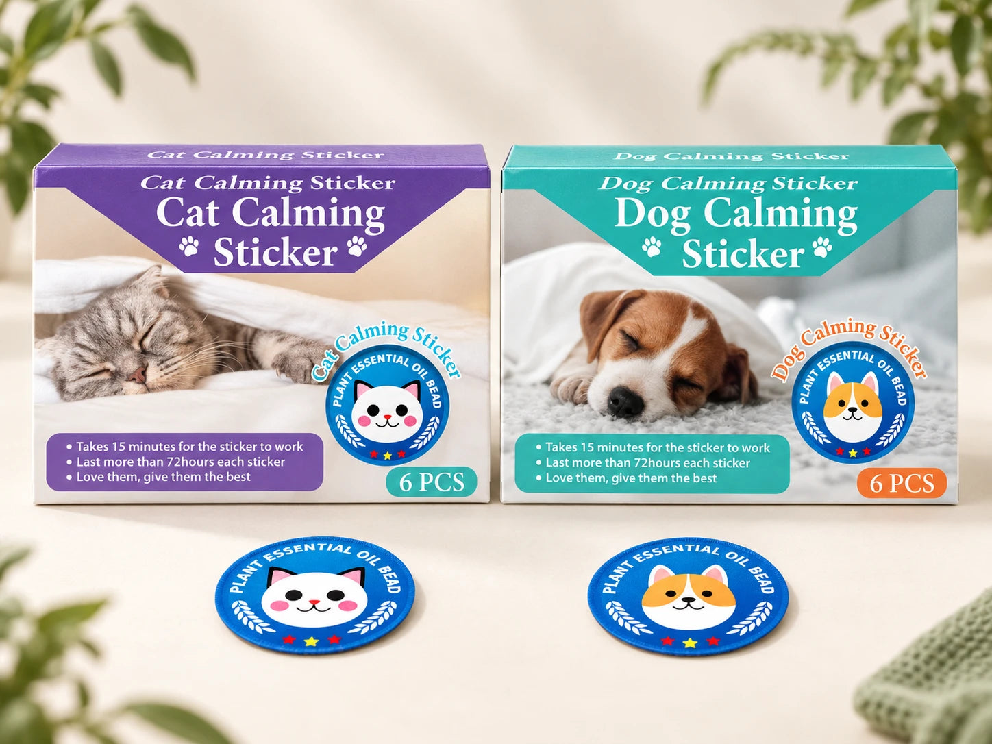 Purple Cat Calming Sticker and teal Dog Calming Sticker boxes with matching round patches