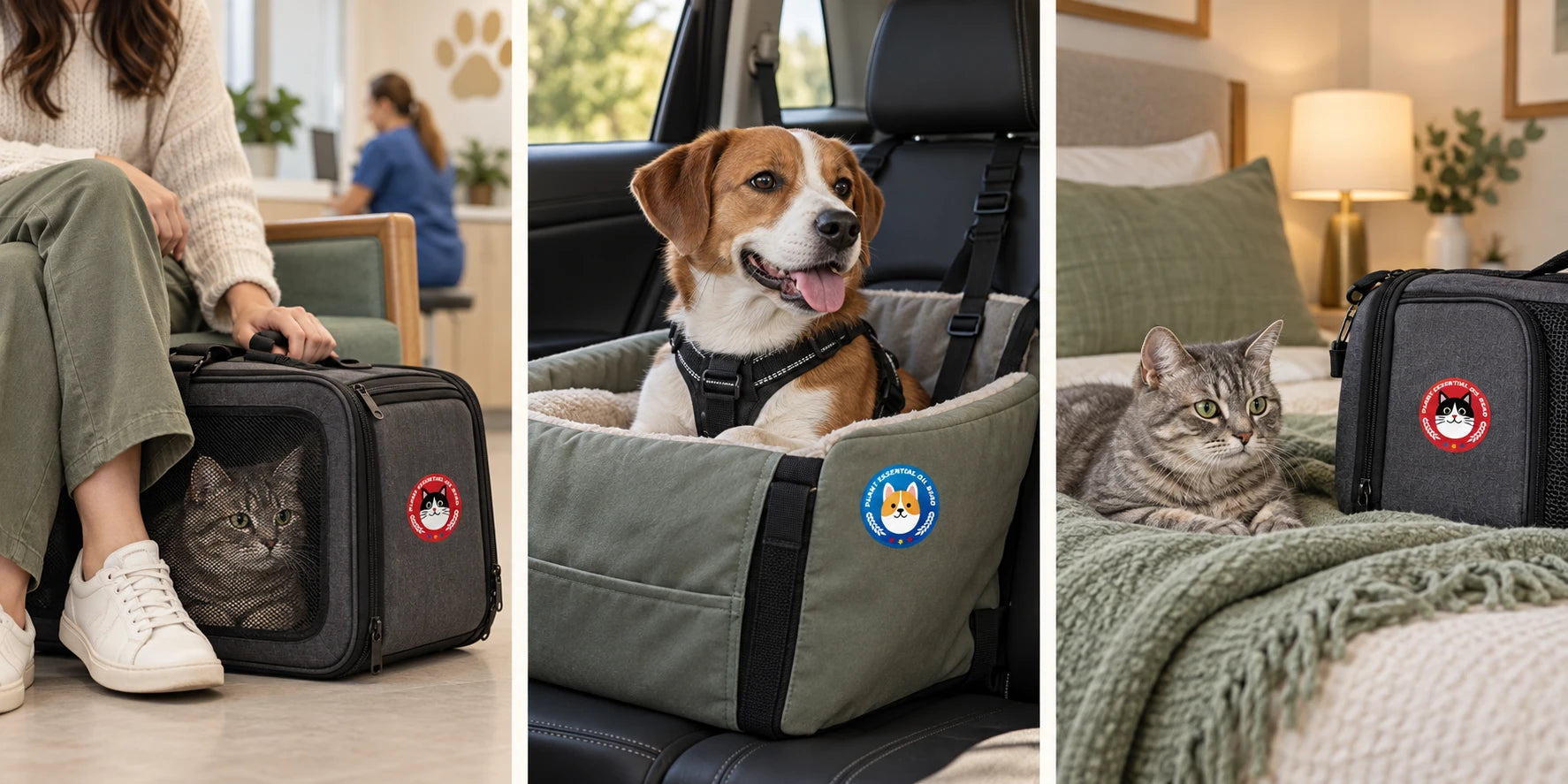 Three illustrated outings: vet waiting room, secured dog in a pet car seat, and a cat with familiar bedding during an overnight stay
