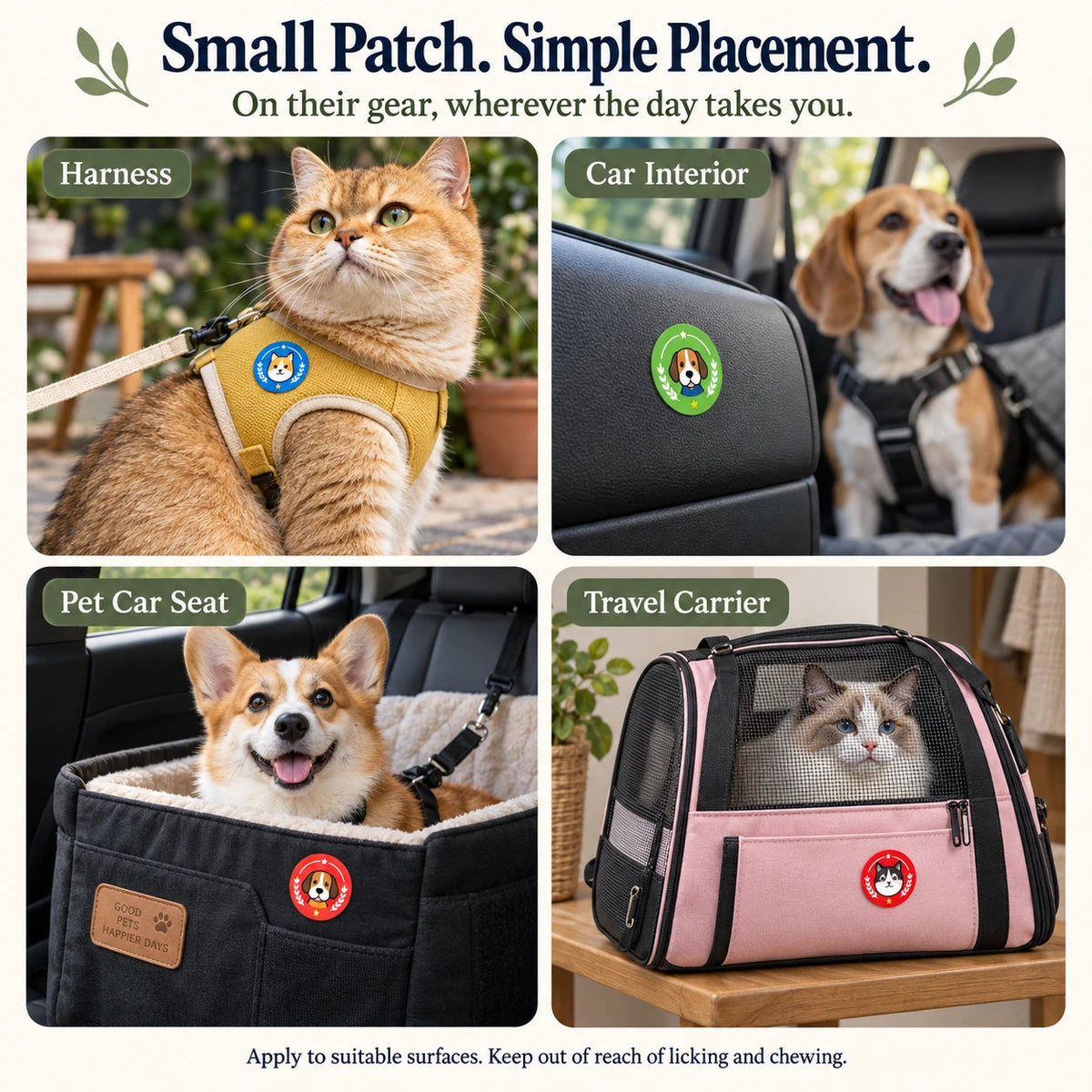 Patch placement on pet travel gear