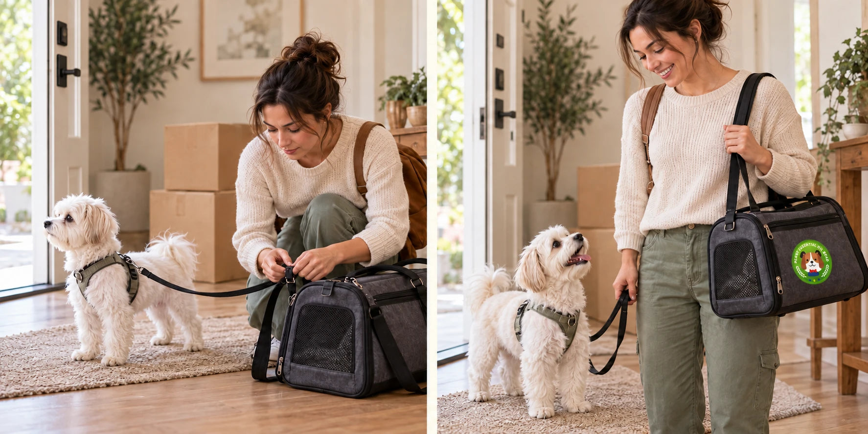 Illustrated dog · moving days scenario: no patch on the left; patch on travel gear on the right, with different natural poses