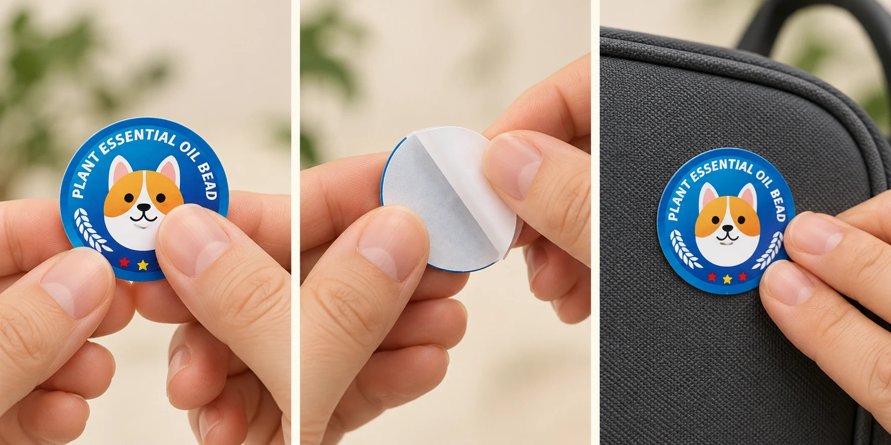 Three-step illustration: press the printed patch, peel the white rear liner, then place on the outside of a carrier