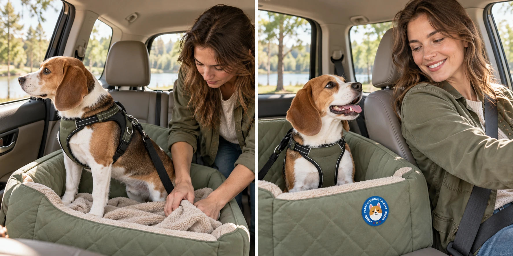 Illustrated dog · car trips scenario: no patch on the left; patch on travel gear on the right, with different natural poses