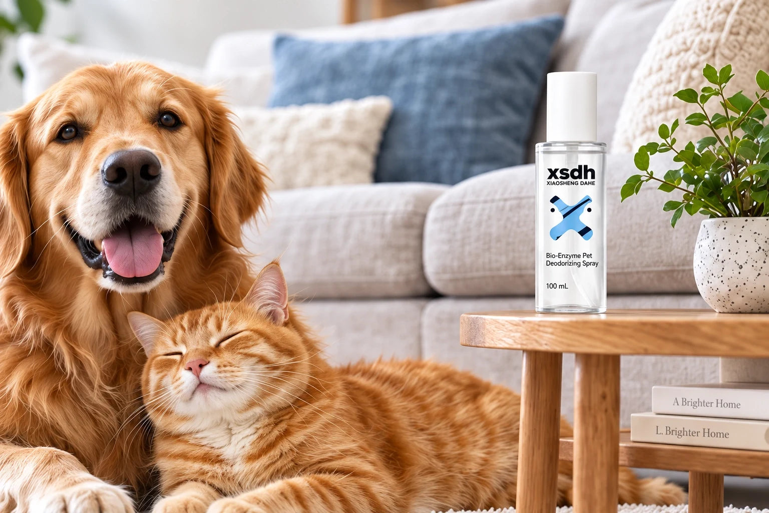 Golden retriever and ginger cat in a bright living room