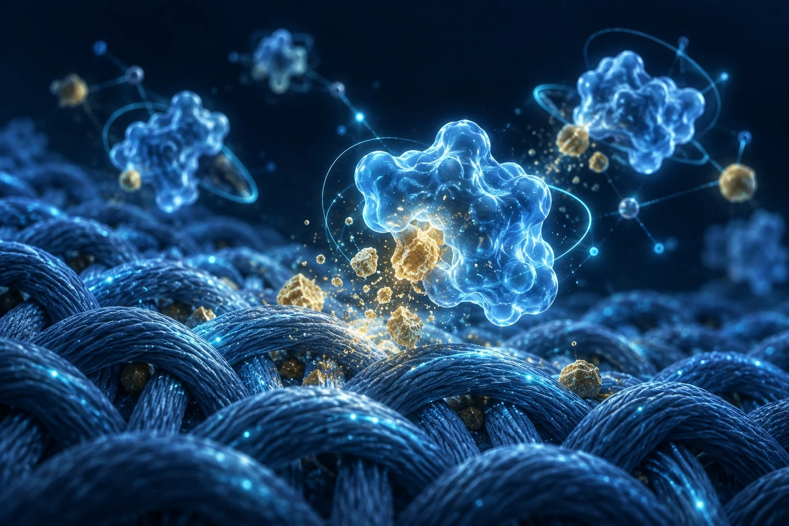 Conceptual blue enzyme shapes and surface residue on textile fibers